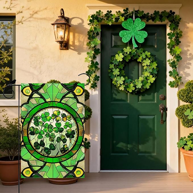 Green Shamrocks Clovers Stained Glass St. Patrick's Day Garden Flag 12x18 Inch Double Sided Small Mini Yard Flag Outdoor Outside Holiday Party Decoration