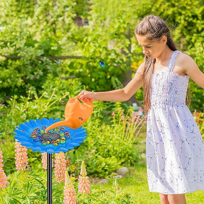 Bee Watering Station Feeder, Metal Butterfly Water Feeder with 30 Colorful Glass Marbles, Bee Waterer Feeder for Butterfly Bird Garden Outdoor Decors (Blue Chrysanthemum)
