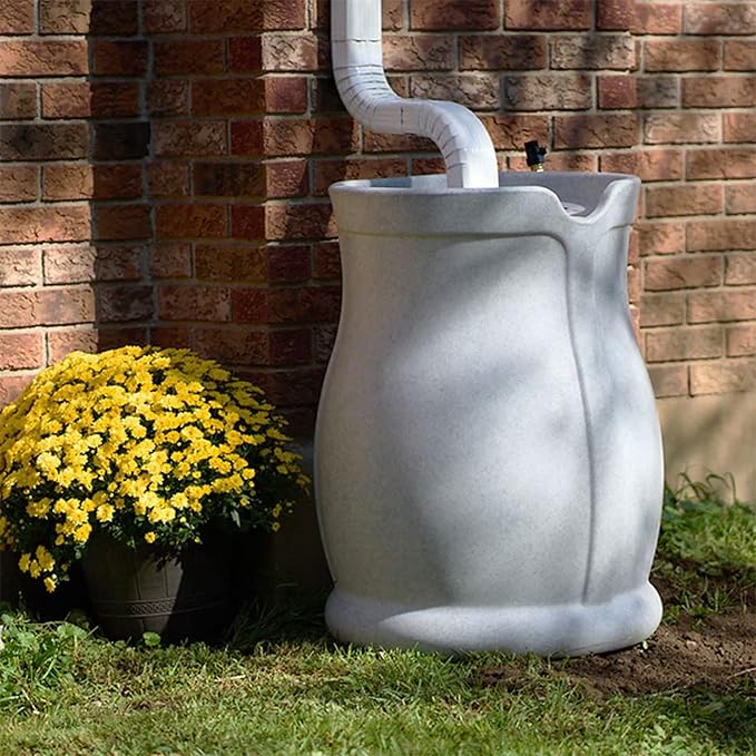 FCMP Outdoor Catalina 45-Gallon Rain Barrel – BPA-Free Flat-Back Design with 3.5 Foot Garden Hose, Shut-Off Thumb Valve, and Fixed Lid (RB-CAT-LTGRNT) Light Granite