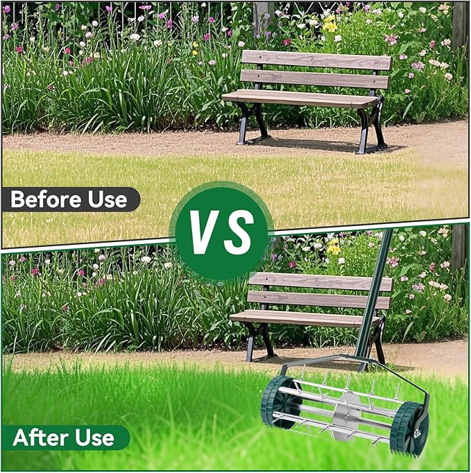 18-Inch Spike Rolling Lawn Aerator for Grass. Heavy Duty Manual Push Aerator Lawn Tool,Soil Health for Garden&Yard Tool(Green)