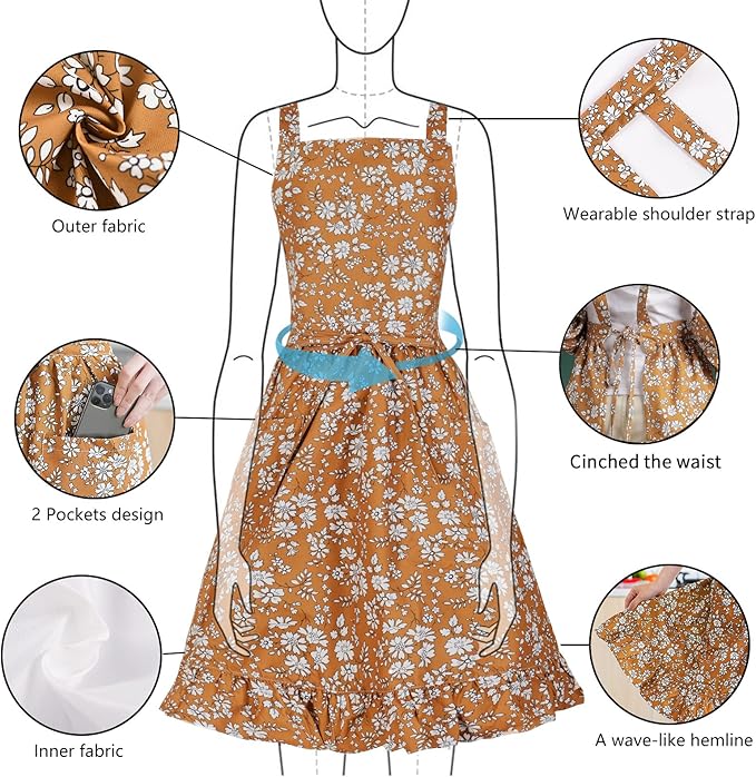 Vintage Pinafore Apron Dress for Women with Pockets Cute Floral Chef Aprons for Kitchen Cooking Baking Gardening