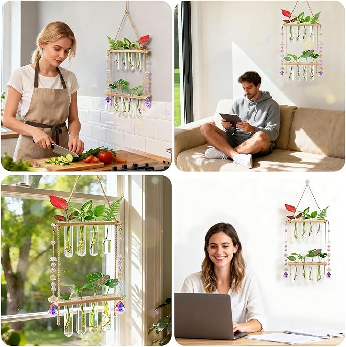 Hanging Propagation Stations with Crystal Suncatchers Glass Wall Planters for Indoor Plants Hydroponics, 2 Tiered Wooden Stand Mini Test Tube Flower Vase Glass Planter Stations for Home Decor (Beige)