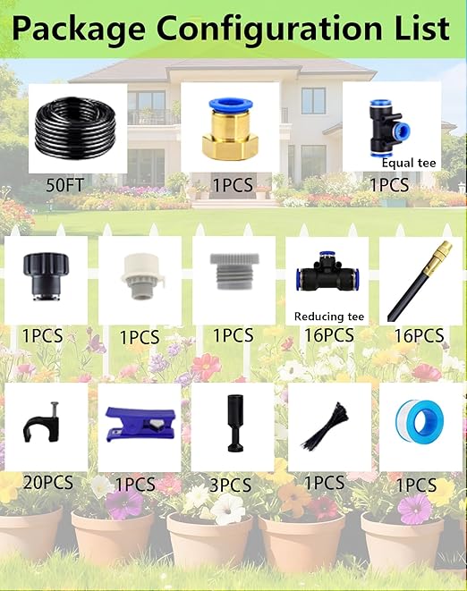 Drip Irrigation System - 360° Adjustable Micro Spray Sprinkler Kit for Garden, Easy Installation No Tools, Fine Mist Watering for Garden Potted Plants, Greenhouse (50 FT)