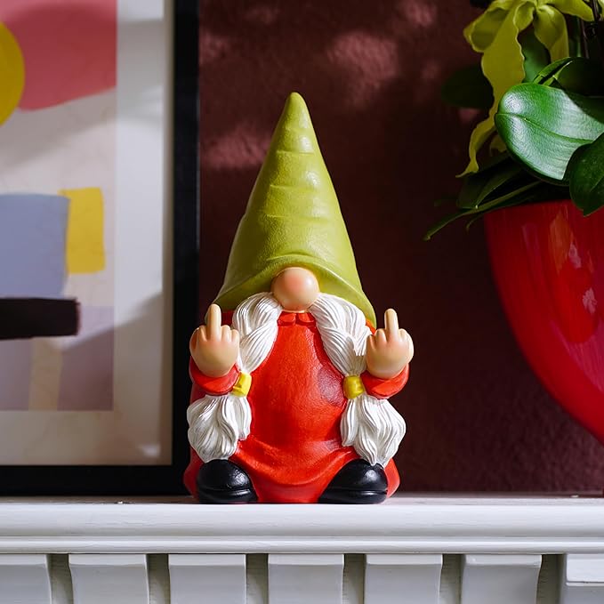 Middle Finger Gnome Statue 12.4in Female, Large Naughty Garden Gnome Statue Decoration and Lawn Ornament - Funny Garden Gnomes for Outdoor or Home Decor