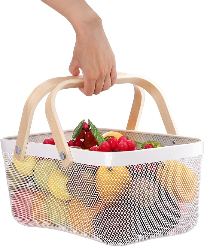 ZEAYEA Mesh Storage Basket with Handle, Garden Harvest Basket, Mesh Fruit Basket Bin for Gathering Vegetables, Multi-functional Metal Wire Basket for Kitchen Garden Picnic Cabinet, White