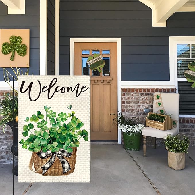 AVOIN colorlife St Patricks Day Garden Flag 12x18 Inch Double Sided Outside, Lucky Shamrocks Clovers Welcome Yard Outdoor Decoration