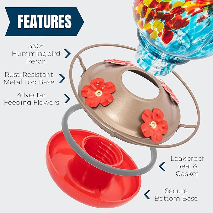MEKKAPRO Hummingbird Feeders for Outdoors Hanging Glass 20oz, Decorative Feeder with Blown Stained Waterdrop Glass Design for Outdoors and Backyard, Easy Fill with 4 Nectar Feeding Flowers (Blue)