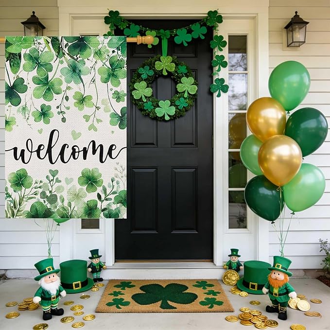 Louise Maelys St Patrick's Day Garden Flag Shamrock Clover Welcome 28x40 Inch Double Sided Large Burlap Love Heart Saint Patricks Spring Holiday Yard Outdoor Sign Outside House Decor