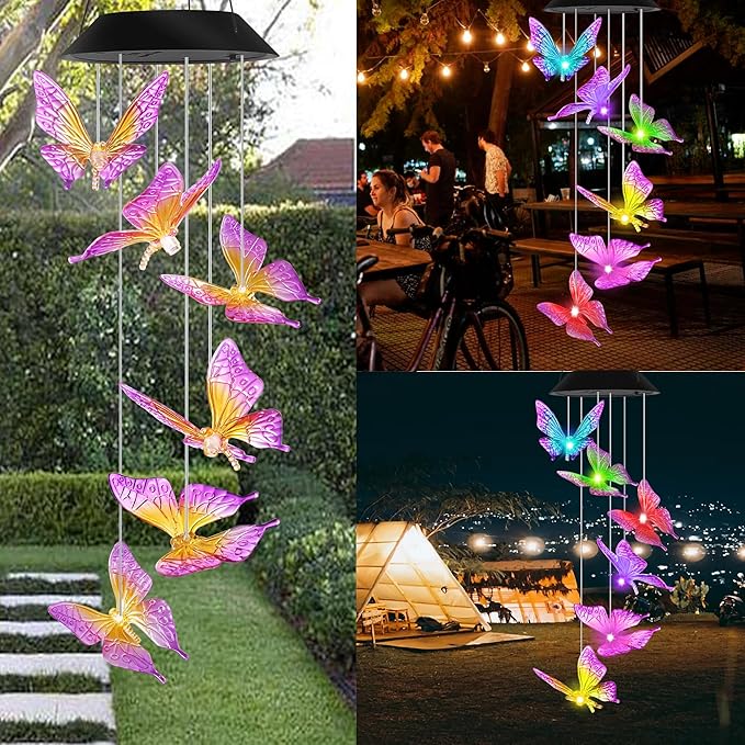 Purple Butterfly Solar Wind Chimes Outdoor Color Changing Solar Lights Garden Decor Best Gifts for Mom Decorations Mobile Windchimes Unique Chiristmas Gifts