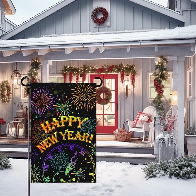 Happy New Year Garden Flags Firework Sparkle Night Sky Yard Flag 12x18 Inch Double Sided New Year Decorations for Outside lawn Celebrate Party Flag
