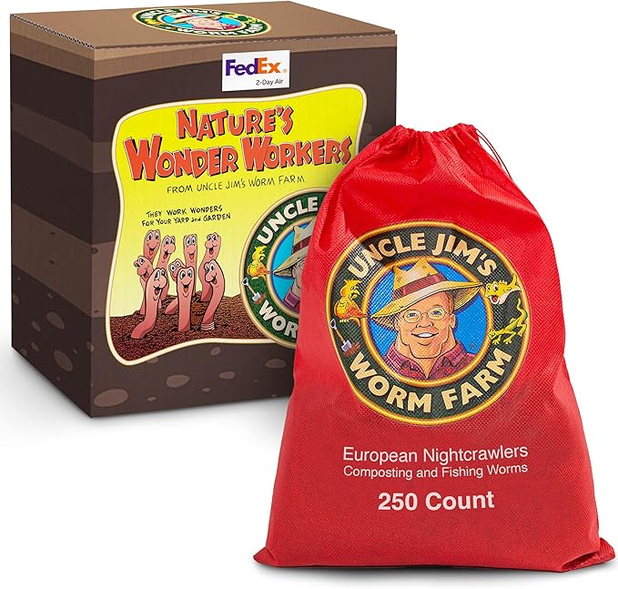 Uncle Jim's Worm Farm 250 Count Super Red European Nightcrawlers for Composting and Garden Soil Aeration | Large Nightcrawlers Improve Soil Structure and Quality for Healthier Gardens