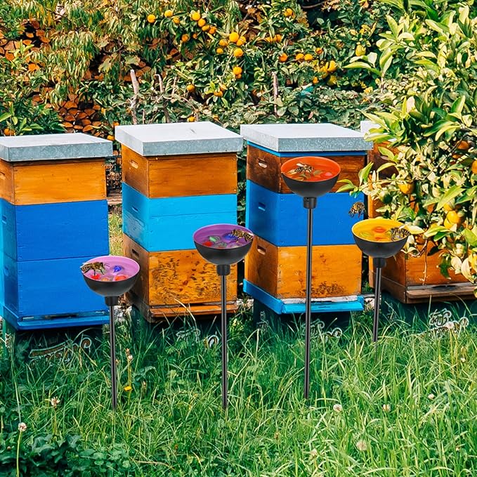 4 Pcs Bee Watering Station Butterfly Water Catcher Cups Small Insects Bee Feeders for Outside Feeding and Watering Metal Garden Stakes Garden Sculpture Decor