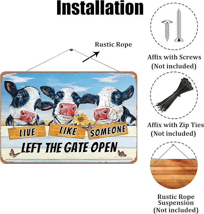 Vintage Metal Farm Signs-Funny Cow Decor Sign Live Like Someone Left The Gate Open Tin Sign for Home Farm Fence Kitchen Bedroom Wall Decor 8x12 inches