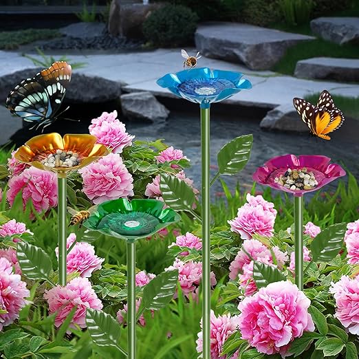 Bee Watering Station for Garden 4 Packs Metal Bee Feeder Cups with Colorful Flower Design,Butterfly Bee Bath Bowl for Outdoor Garden Yard Decor(Red,Green,Blue,Yellow)