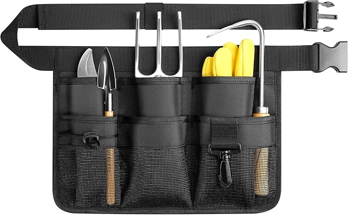 Garden Apron for Women, Adjustable Tool Belt with 8 Pockets - Heavy Duty Oxford Work Belt for Gardening, Construction (Black)