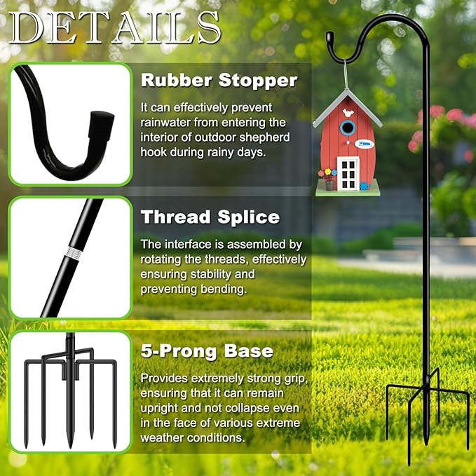 Shepherds Hooks for Outdoor 48 Inch Garden Bird Feeder Pole with 5 Prongs Base Adjustable for Hanging Flower Basket Plant Pot Solar Lantern Light Wind Chime Hanger for Wedding Decor 1 Pack