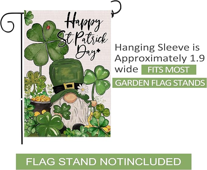 St Patricks Day Garden Flag 12x18 Inch Double Sided Outside, Shamrocks Clovers Gnome with Coin Pot Flag Burlap Happy St Patricks Day Decorations Outdoor Yard Decor