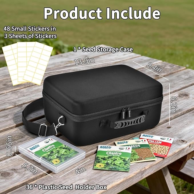 [Boobowl] 36 Slots Seed Storage Organizer, Hard Shell Seed Holder with Labels, Dry Storage Container for Garden Vegetable Seeds, Sturdy Carrying Bag with Handle and Shoulder Strap(Box Only)