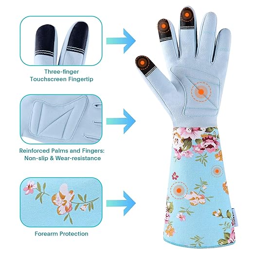 Women's Long Arm Gardening Gloves, Flexible Hand Protection, Ergonomic Design for Digging, Trimming & Garden Maintenance, Blue Large