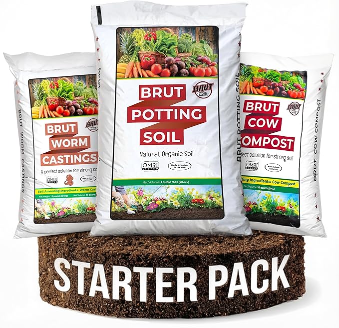Brut Farms Organic Starter Pack Trio – All-Natural Potting Soil, Nutrient-Rich Worm Castings & Additive-Free Cow Manure Compost – Safe for Indoor and Outdoor Plants - Gardening for Beginner