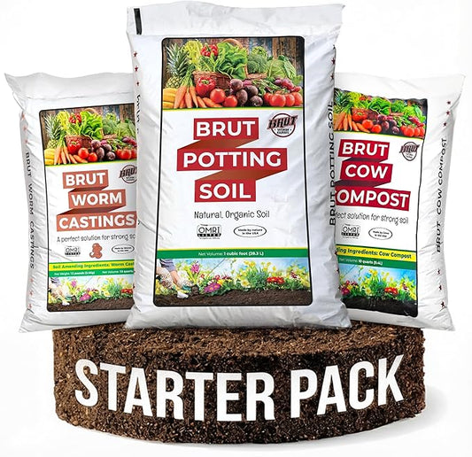 Brut Farms Organic Starter Pack Trio – All-Natural Potting Soil, Nutrient-Rich Worm Castings & Additive-Free Cow Manure Compost – Safe for Indoor and Outdoor Plants - Gardening for Beginner