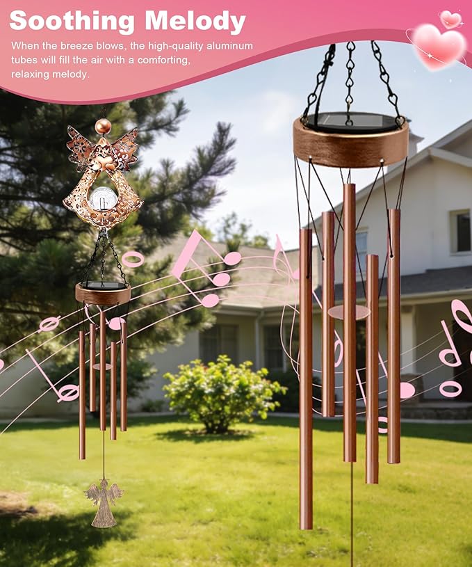 Solar Angel Wind Chimes for Outside: Melodious Mother's Day Birthday Gifts for Mom Women Grandma Her Wife - Weatherproof Metal Outdoor Decor Easy Hanging for Garden Patio Tree Window Memorial