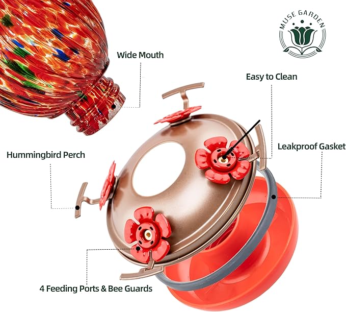 Hummingbird Feeder for Outdoors Hanging, Hand Blown Glass 24 OZ Capacity Hummingbird Bird Nectar Feeders with 4 Feeding Ports, Gifts for Women Mom Outside Garden Backyard Decor (Red-Green)