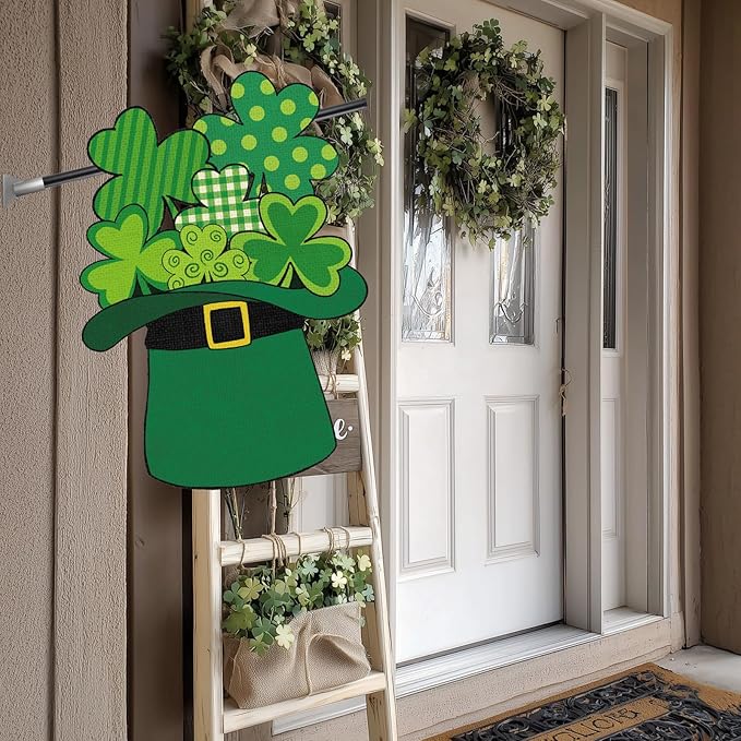 Heyfibro St Patrick's Day Garden Flag Banner Double Sided 13.4x18.9 Inch Shamrocks Green Hat Garden Flag Clover Yard Flags for Outside House Farmhouse Holiday St Patricks Outdoor Decorations