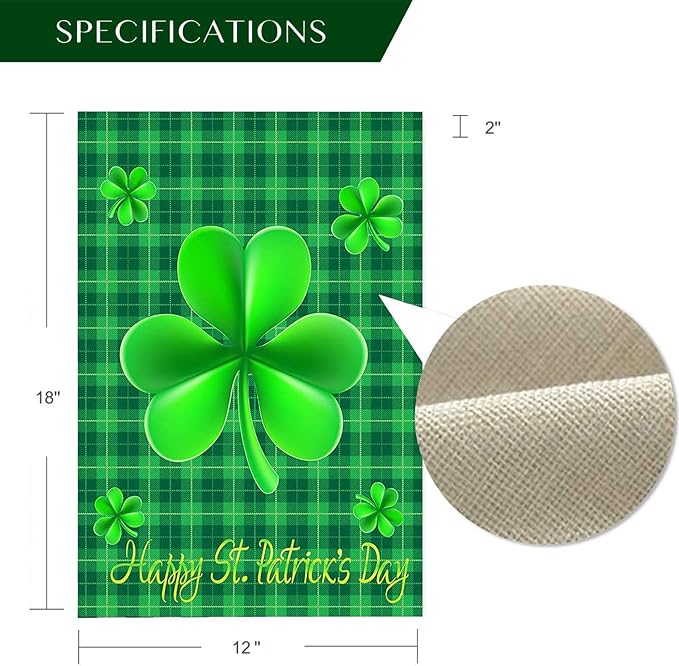 WENWELL Happy St Patricks Day House Garden Flags,Shamrock Buffalo Check Plaid Rustic Burlap Yard Sign Decorations,Spring Banners for Outdoor 12 x 18 Inch Double Sided (Green)