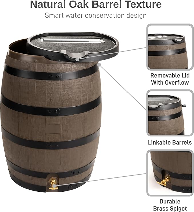 RTS Home Accents Premium 55-Gallon Rain Barrel with Removable Lid, Flat Back Rain Water Collection Barrel, Woodgrain with Black Stripes