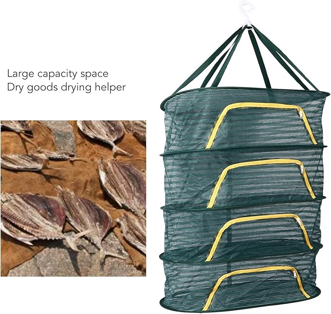 4 Layer Herb Drying Rack, Hanging Mesh Plant Dry Net Basket with U Shaped Zipper, Foldable Drying Rack Net for Garden, Herb, Food, Cloth