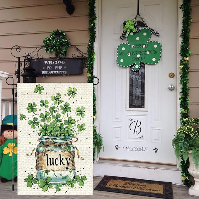 St Patricks Day Garden Flags for Outside, Irish Green Hat Lucky Shamrocks Yard Decoration, Small Seasonal Outdoor Decor for Farmhouse Holiday,12x18 Inch Double Sided