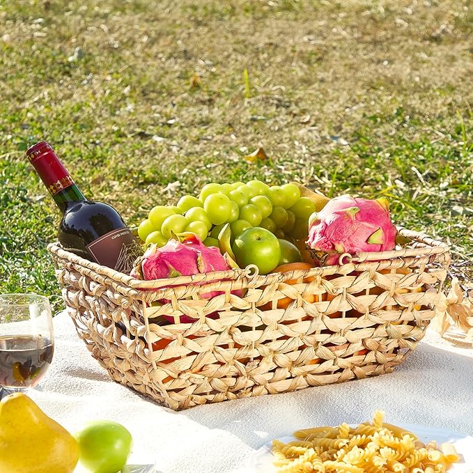 Wicker Picnic Basket with Handles, Wicker Baskets with Wooden Base for Picnic, Camping & Storage Basket