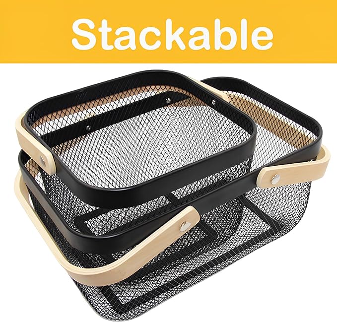 Cheardia 2 Pack Picnic Baskets, Metal Mesh Harvest Basket with Foldable Wooden Handle, Rectangle Garden Storage Basket Bin for Vegetable Fruit Garden Kitchen Cabinet Picking Gathering