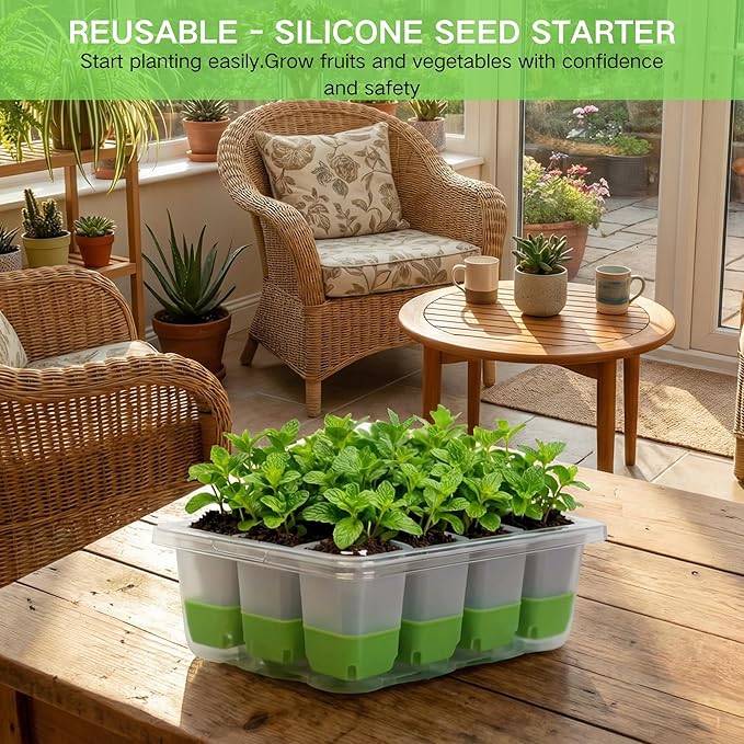 Seed Starter Tray,5-Pack Reusable Silicone Seed Starter Tray with 5 Base Trays,Foldable Design for Easy Transplanting,Indoor Gardening Supplies for Vegetables, Flowers & Herbs,60 Cells Total