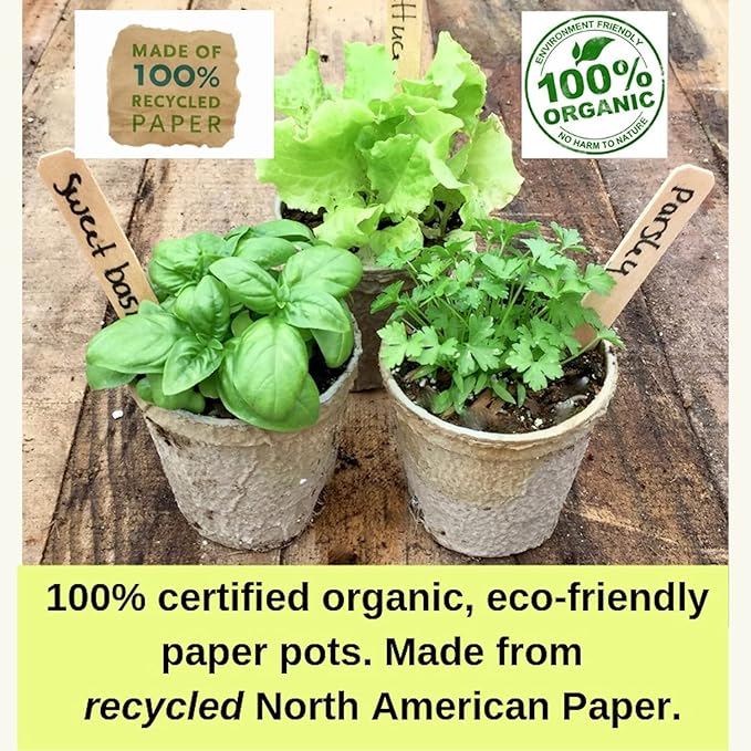 Clovers Garden Organic Recycled Paper Seed Starter Pots - 100% Biodegradable Peat-Free Pots for Seedlings - Qty 60 (3.5" Round) with 24 Markers