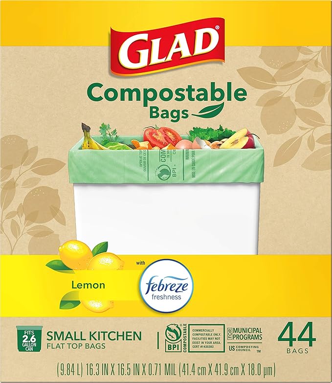 Glad Trash Bags, Kitchen Compost Bags 2.6 Gallon Garbage Bags, 100% Compostable Bag, Febreze Lemon, 44 Count (Package May Vary), Light Yellow