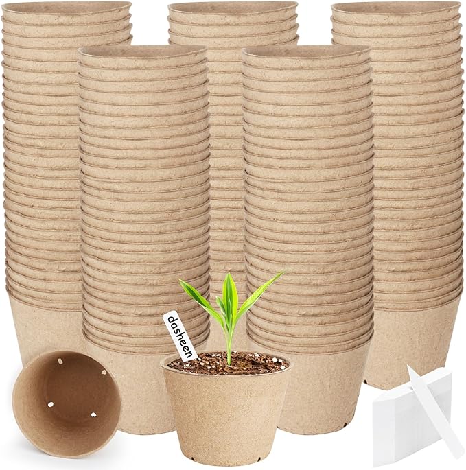 130 Pack Organic Peat Pots, 4 Inch Plant Starter Round Nursery Pot with Drainage Holes, Seedling Nursery Box, Seed Starting Tray, Bulk Garden Germination Paper Pulp Container with 130 Plant Labels