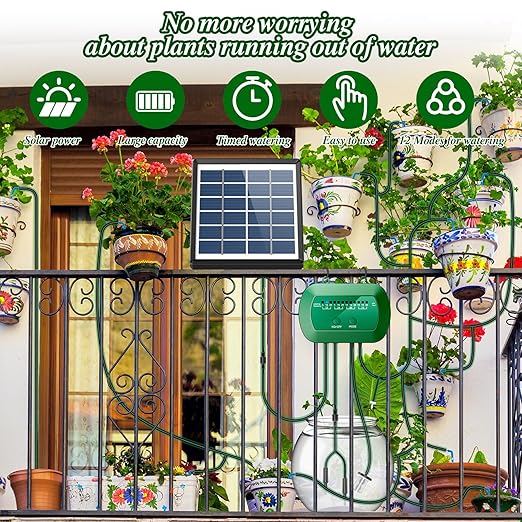 Solar Automatic Watering Kit for Garden, Automatic Drip Watering System with 15 m Watering Hose, Automatic Watering Timer for Holidays, Balconies, Flower Pots, Plants