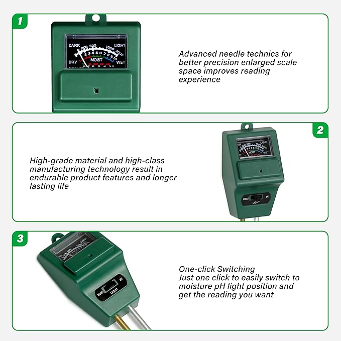 iPower 3-in-1 Plant Moisture/Light/PH Meter, Soil Test Kit for Gardening, Farming, Indoor & Outdoor Use, 3 Pack