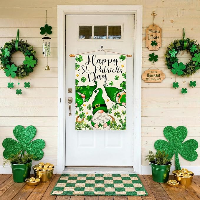 Gnomes Green Shamrocks Clovers St. Patrick's Day House Flag Large 28X40 Inch Big Vertical Double Sided Yard Outdoor Outside Holiday Decoration