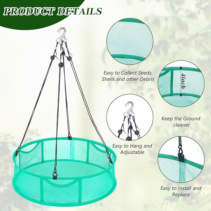 2 Pcs Bird Seed Catcher Trays, 16 Inch Green Spill Guard Platform for Hanging Feeders, Windproof Mesh Seed Hoop with Hooks, Outdoor Feeder Accessory