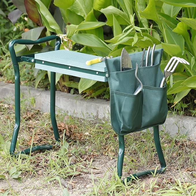 LEMY 2 in 1 Garden Kneeler and Seat - Portable Heavy Duty Folding Garden Stool for Women Men Seniors, w/EVA Foam Kneeling Pad, Removable Tools Pouches, Steel Frame,No Assembly