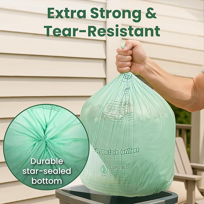 30 Compostable Trash Bags - 13 Gallon Garbage Bags for Kitchen Bin - Unscented, Leak Proof, Extra Strong - Disposable Food Waste Basket Liners - Certified by BPI & OK compost HOME by TÜV AUSTRIA