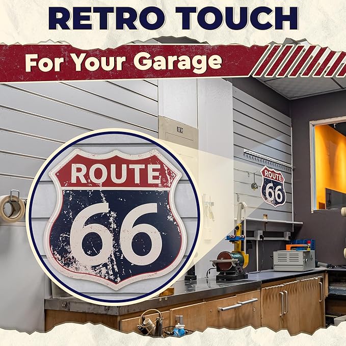 Route 66 Sign - Easy to Hang Tin Signs Vintage Style 12×12 Inch | Route 66 Decor For Bedroom, Man Cave, Garage, Workshop, Bar, Cafe - Retro Road Signs Cars Wall Decor for Gifting and Party Decoration