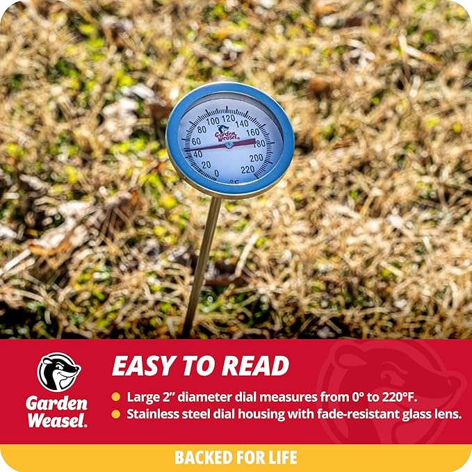 Garden Weasel Analog Soil & Composting Dial Thermometer - 20-Inch Probe | Measures 0 to 220 Degrees Fahrenheit | Soil Temperature, Worm Compost | 98000-A