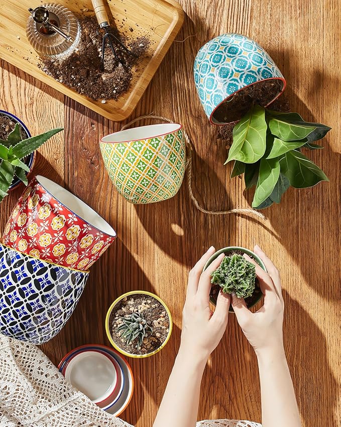 Succulent Ceramic Pots, 3.8 Inch Small Plant Pots with Drainage Hole & Saucer, Flower Planter Pot for Houseplants, Cacti, Home Decor, Set of 4, Vibrant Colors