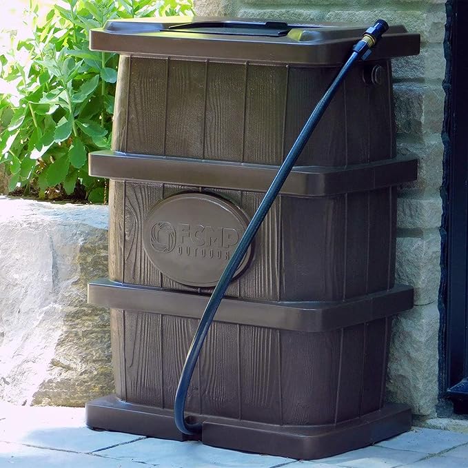 FCMP Outdoor Slim Line Design 45-Gallon Wood Grain Outdoor Home Rain Water Catcher Barrel Flat Back Container with Spigots and Mesh Screen, Brown