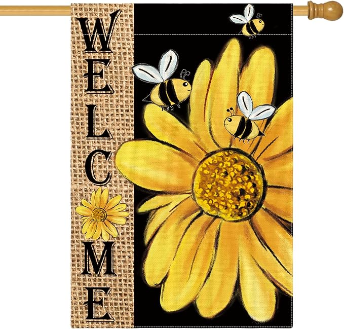 AVOIN colorlife Spring Summer Bee Sunflower House Flag 28x40 Inch Double Sided, Welcome Holiday Burlap Yard Outdoor Decoration