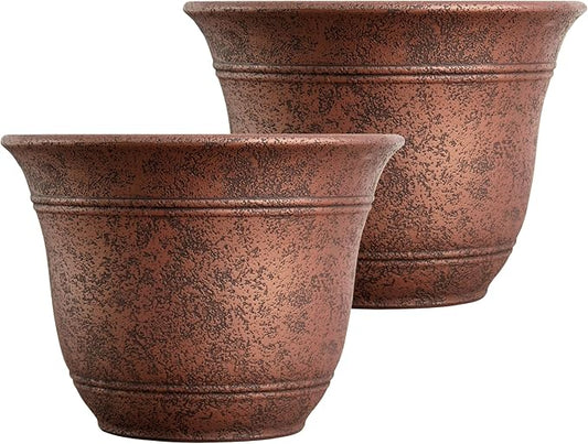 The HC Companies Sierra Round Self-Watering Pot - Lightweight Plastic Planter for Herbs & More - Durable Plant Pots for Indoor Plants & Outdoor Plants (7.5” Rustic Redstone, Pack of 2)